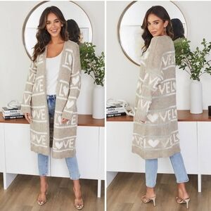 Taupe 'LOVE' Open-Front Long Cardigan Sweater. NWT Size S/M